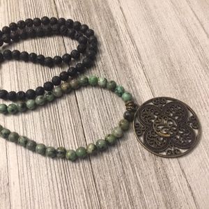 African Turquoise Bead Mala w/Lava Rock & Mandala